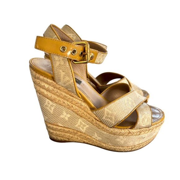 AUTHENTIC VTG. Y2K LOUIS VUITTON‎ LV CANVAS LOGO PLATFORM WEDGE SANDALS 5.5-6/36 - Picture 2 of 8